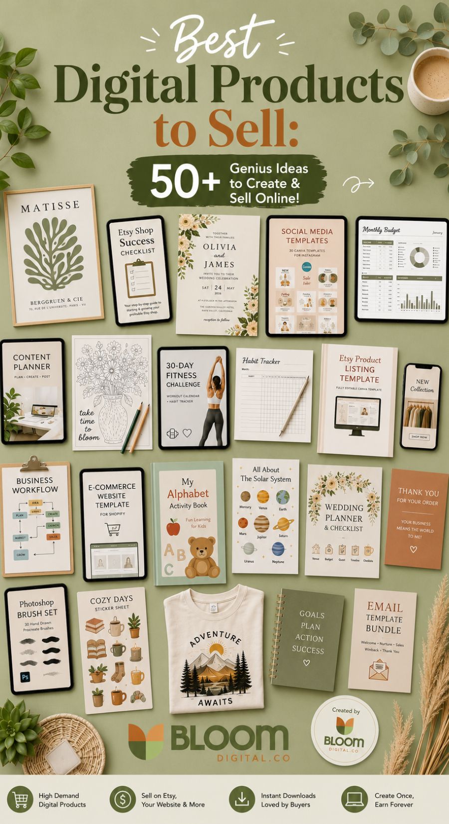 A collage of digital download ideas, such as planners, templates, e-books, business workbooks, fitness guides, and digital art. The image highlights the best digital products to sell with nature-inspired design elements.
