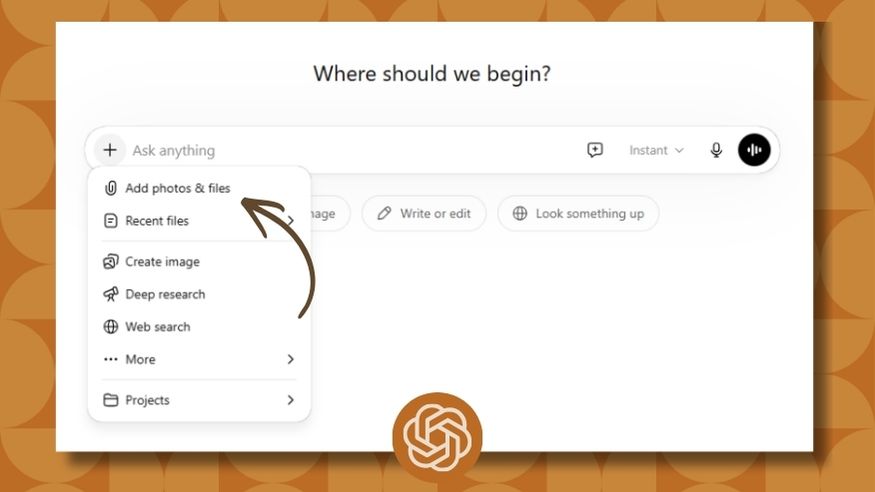A screenshot of a ChatGPT interface displays a dropdown menu with options like Add photos & files and Recent files—ideal for attaching images to blog posts. An arrow points to Add photos & files. The background has a brown geometric pattern and the OpenAI logo.
