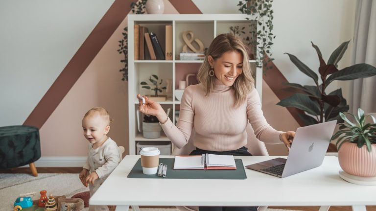 A woman is smiling while working on a laptop at a desk with a notebook and coffee. A toddler is standing nearby, playing with toys. The room has a pink geometric wall, shelves with books and plants, and a light, airy atmosphere.
