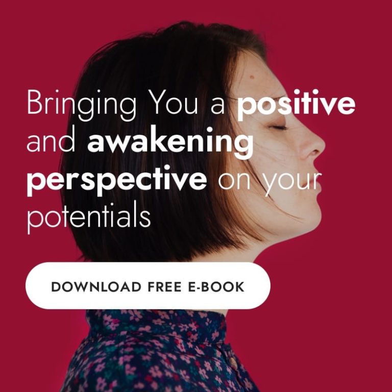 Profile of a person against a burgundy background with the text: Bringing you a positive and awakening perspective on your potentials. Below is a button labeled Download Free E-Book.