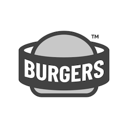 A stylized logo depicting a gray burger with a dark band around it. The word BURGERS is prominently displayed in white capital letters across the band.