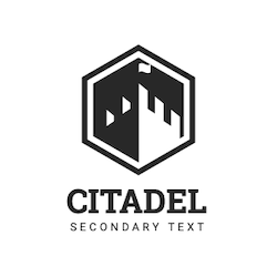 Logo with a black hexagon featuring a stylized fortress design, followed by the word CITADEL in bold letters. Beneath, smaller text reads SECONDARY TEXT. The fortress includes window shapes and a flag on top.