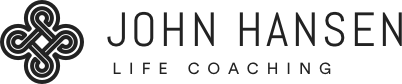 Logo featuring a stylized black symbol on the left, resembling a symmetrical knot, with the text JOHN HANSEN LIFE COACHING in uppercase black letters to the right.