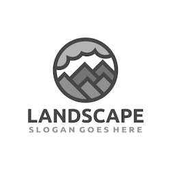 Logo with a circular design featuring stylized mountains and clouds. Below the circle, the text reads LANDSCAPE in bold, with SLOGAN GOES HERE in smaller letters beneath. The image is in grayscale.