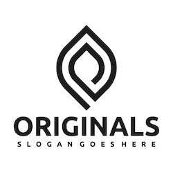 Black and white logo featuring a stylized geometric flame above the word Originals in bold text. Below it, the placeholder text Slogan goes here is displayed in smaller letters.