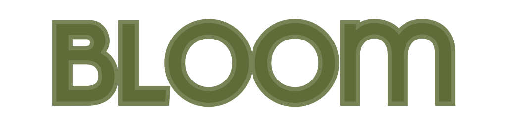 The image shows the word BLOOM in bold, uppercase letters. The font is modern and rounded, and the text color is olive green. The background is solid white.