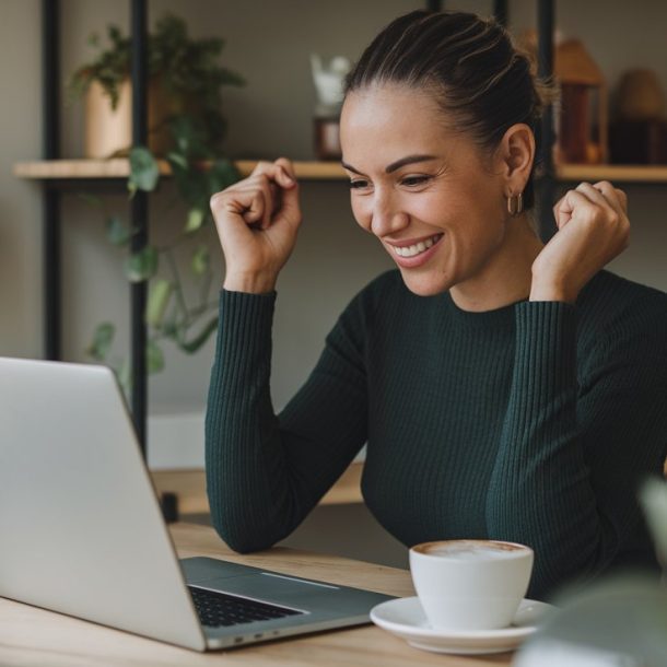 A woman sits at a wooden table, beaming with excitement as she looks at her laptop, fists raised in delight. With a fresh cup of coffee beside her and shelves adorned with plants and decorations nearby, shes ready to embark on the exciting journey of starting a blog.