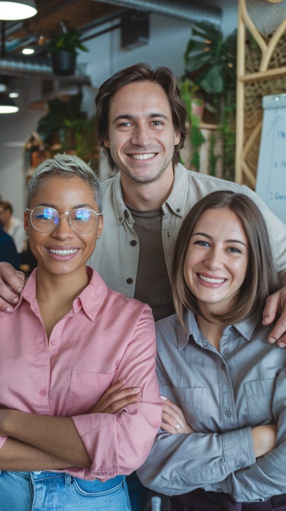 Three people smile in an office setting, standing close together. The person on the left wears glasses and a pink shirt, the one in the middle has brown hair and a beige shirt, and the person on the right has shoulder-length hair and a gray shirt.