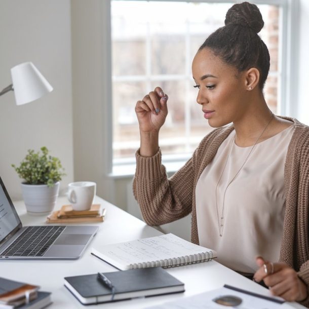 Woman learning how to write a blog post for her new website.