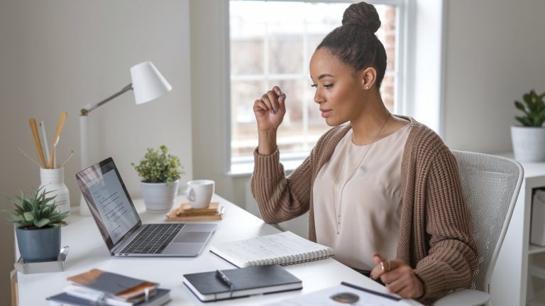 Woman learning how to write a blog post for her new website.