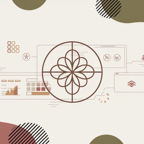 Abstract digital design with a symmetrical floral pattern overlaying tech elements like web pages and graphs. Background features organic shapes in muted earth tones. Small icons such as a document, a paint palette, and a gear are scattered around.