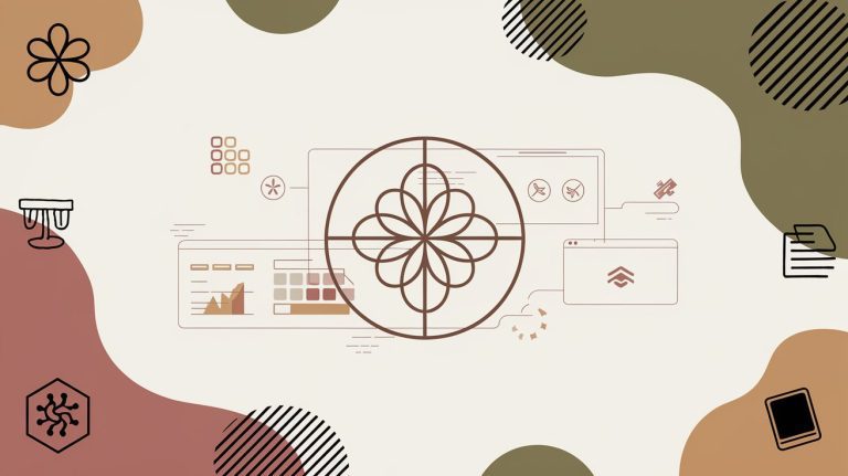 Abstract digital design with a symmetrical floral pattern overlaying tech elements like web pages and graphs. Background features organic shapes in muted earth tones. Small icons such as a document, a paint palette, and a gear are scattered around.
