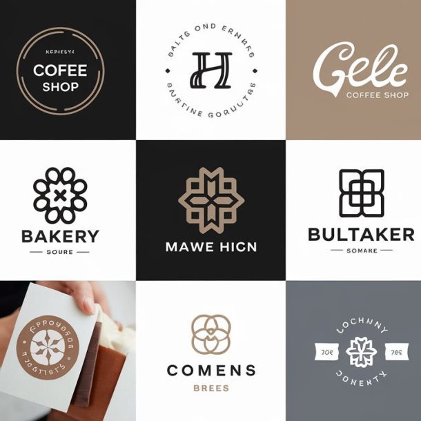 A grid of sixteen squares showcases various logo designs. Each logo features unique typography and graphic elements, representing different businesses such as a coffee shop, bakery, clothing store, and more in diverse styles and color schemes.