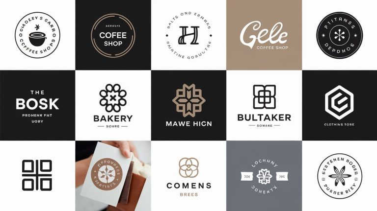 A grid of sixteen squares showcases various logo designs. Each logo features unique typography and graphic elements, representing different businesses such as a coffee shop, bakery, clothing store, and more in diverse styles and color schemes.