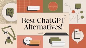 Abstract illustration featuring speech bubbles, gears, and various geometric shapes. Central text boldly proclaims Best ChatGPT Alternatives! amid icons and designs that symbolize both technology and dynamic communication.