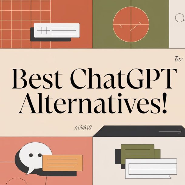 Abstract illustration featuring speech bubbles, gears, and various geometric shapes. Central text boldly proclaims Best ChatGPT Alternatives! amid icons and designs that symbolize both technology and dynamic communication.