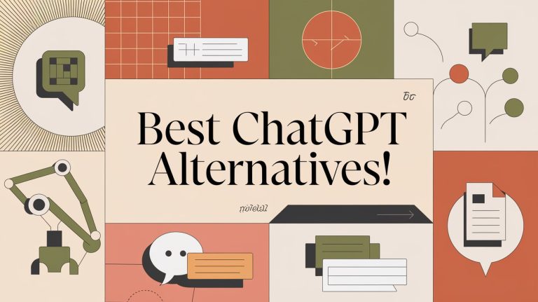 Abstract illustration featuring speech bubbles, gears, and various geometric shapes. Central text boldly proclaims Best ChatGPT Alternatives! amid icons and designs that symbolize both technology and dynamic communication.