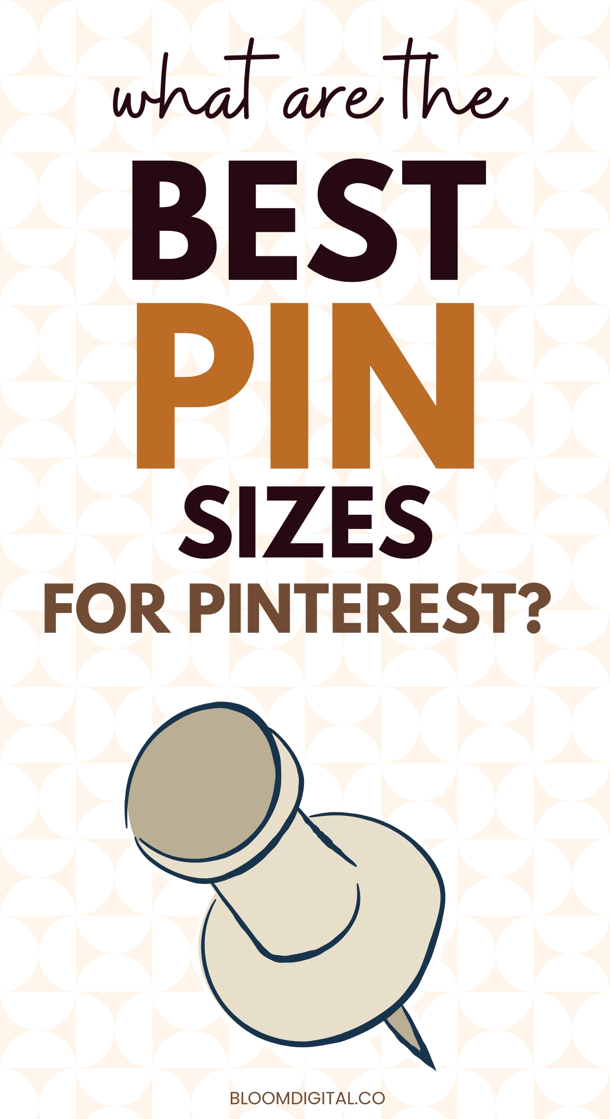 Text reads: What are the best pin sizes for Pinterest? Above an illustration of a pushpin. Background has a subtle geometric pattern.