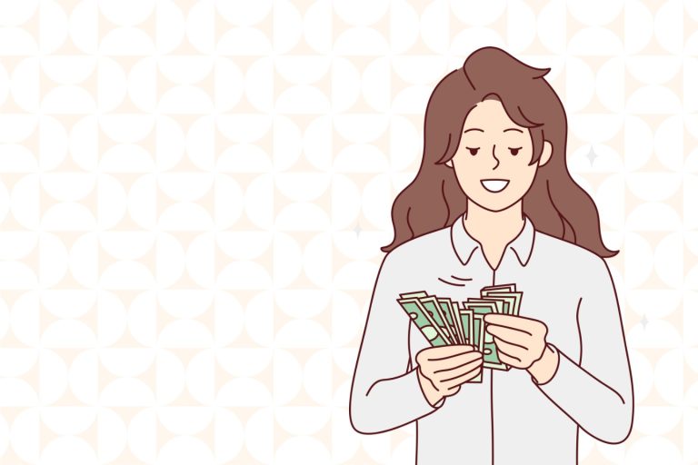 Illustration of a woman counting money from her blog website