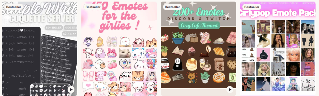A row of four digital product covers for emote packs—perfect digital things to sell on Etsy—including minimalist white, pink girly emotes, cozy café themes with food and animals, and a collage of pop culture faces. Great inspiration for digital product ideas!.