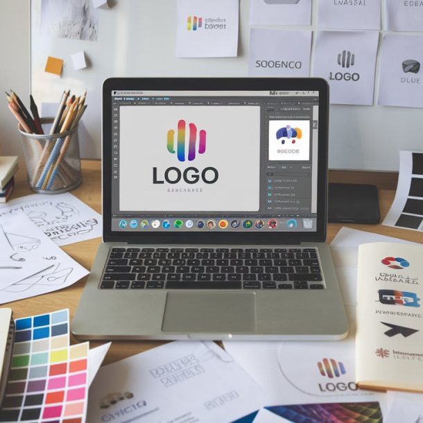 A laptop on a cluttered desk showcases a free logo maker screen. Surrounding it are various papers, color swatches, notebooks, and logo sketches. The workspace is creative and filled with design materials.