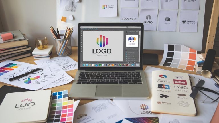 A laptop on a cluttered desk showcases a free logo maker screen. Surrounding it are various papers, color swatches, notebooks, and logo sketches. The workspace is creative and filled with design materials.