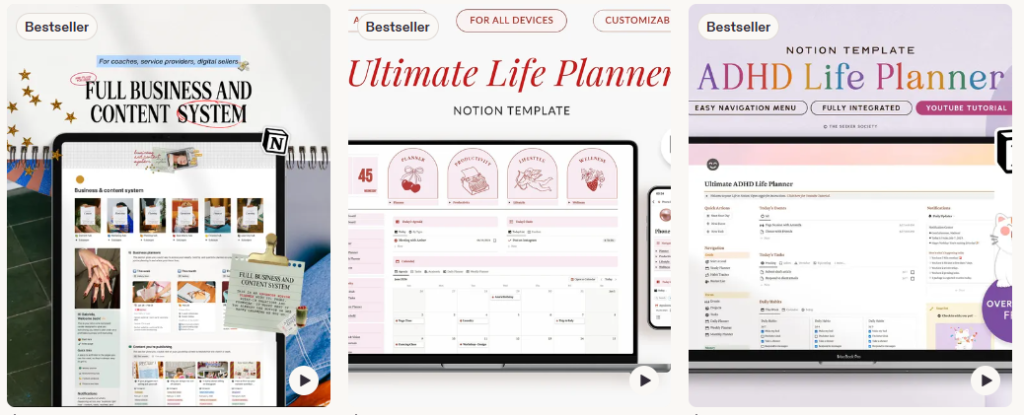 Three side-by-side images of Notion planner templates on laptops: a business and content system, an ultimate life planner, and an ADHD life planner—bestselling digital product ideas with colorful, organized layouts perfect for anyone looking for digital things to sell on Etsy.