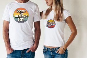 Man and woman wearing Print on Demand t-shirts