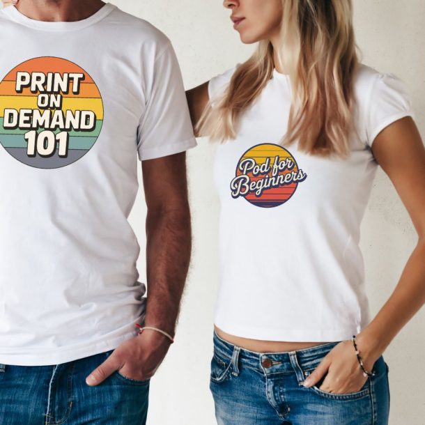 Man and woman wearing Print on Demand t-shirts