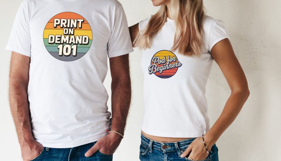 Man and woman wearing Print on Demand t-shirts