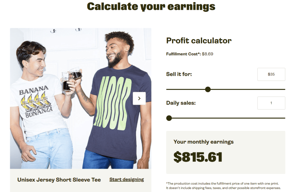 Two people are standing and laughing, holding drinks. One wears a shirt with bananas and Banana Bonanza, the other wears a shirt with MOOD. Text beside them shows a profit calculator for monthly earnings with inputs for selling price and daily sales.