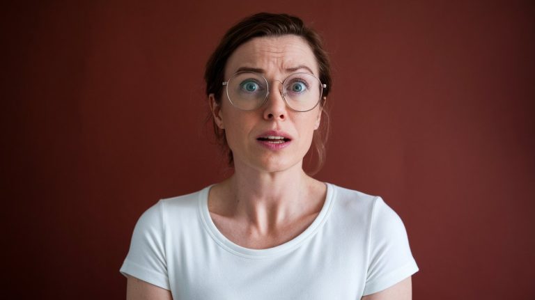 A person with glasses and short brown hair looks surprised against a dark brown background. They are wearing a white shirt.