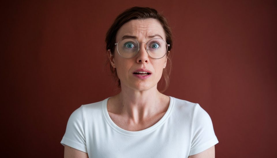 A person with glasses and short brown hair looks surprised against a dark brown background. They are wearing a white shirt.