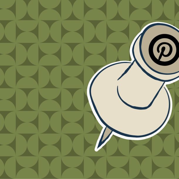 Illustration of a beige pushpin with a stylized P logo on its head, set against a green geometric patterned background.