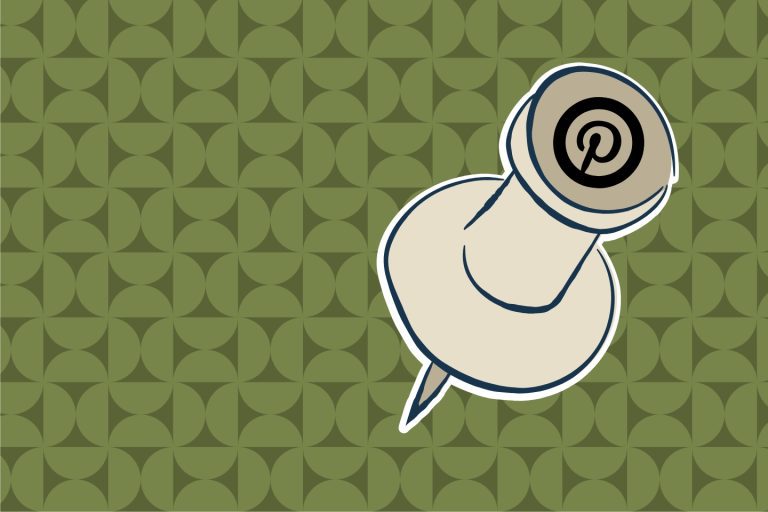 Illustration of a beige pushpin with a stylized P logo on its head, set against a green geometric patterned background.