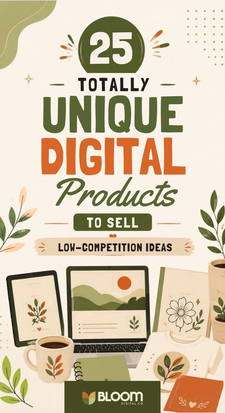 A digital graphic promoting “25 Totally Unique Digital Product Ideas to Sell—Low-Competition” with illustrations of plants, a laptop, coffee cup, notebooks, and art prints. Perfect digital things to sell on Etsy. Bloom Digital Co. logo is at the bottom.