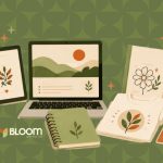 An illustration shows a laptop, tablet, notebook, coffee mug, potted plant, book, t-shirt, and card—digital things to sell on Etsy—on a green patterned background with plant designs. The Bloom Digital Co logo appears in the lower left.
