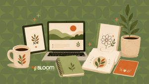 An illustration shows a laptop, tablet, notebook, coffee mug, potted plant, book, t-shirt, and card—digital things to sell on Etsy—on a green patterned background with plant designs. The Bloom Digital Co logo appears in the lower left.