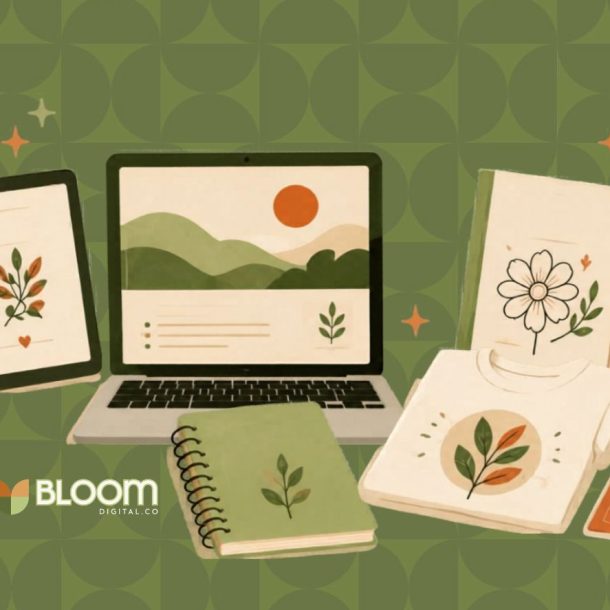 An illustration shows a laptop, tablet, notebook, coffee mug, potted plant, book, t-shirt, and card—digital things to sell on Etsy—on a green patterned background with plant designs. The Bloom Digital Co logo appears in the lower left.
