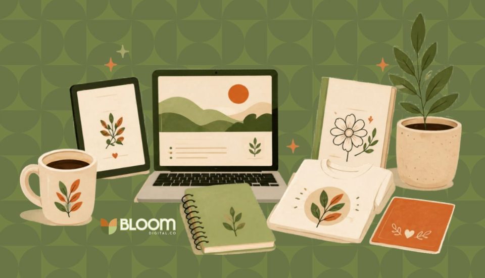 An illustration shows a laptop, tablet, notebook, coffee mug, potted plant, book, t-shirt, and card—digital things to sell on Etsy—on a green patterned background with plant designs. The Bloom Digital Co logo appears in the lower left.