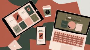 Illustration of a workspace with a laptop and tablet showcasing abstract designs and digital products, a smartphone displaying a planner app, a coffee cup with a logo, and an envelope, all arranged on a stylized table featuring geometric shapes.