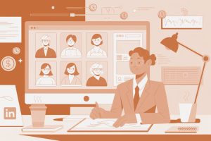 Illustration of a person in a suit working at a desk with a computer screen showing six people in a virtual meeting. The background has financial symbols, graphs, and a LinkedIn icon. Desk items include a lamp, coffee cup, and paper.