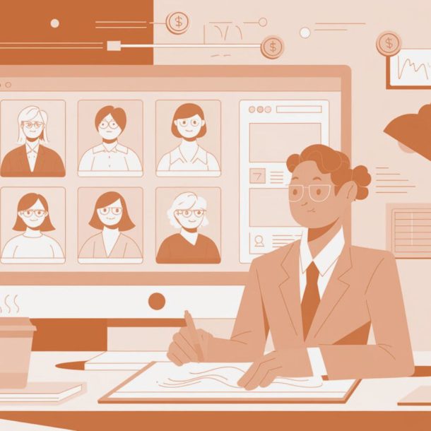 Illustration of a person in a suit working at a desk with a computer screen showing six people in a virtual meeting. The background has financial symbols, graphs, and a LinkedIn icon. Desk items include a lamp, coffee cup, and paper.