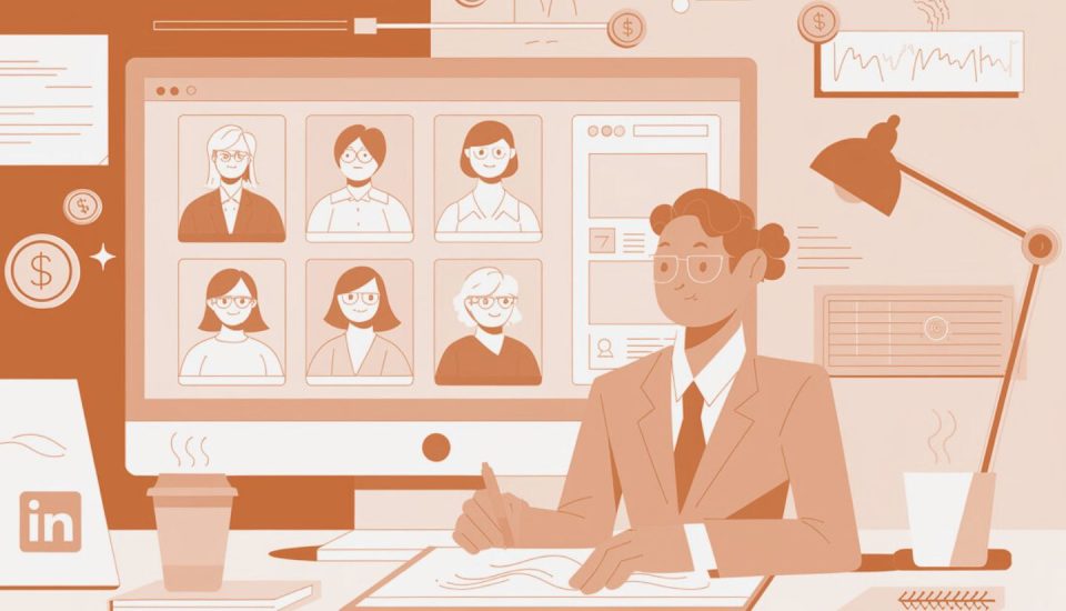 Illustration of a person in a suit working at a desk with a computer screen showing six people in a virtual meeting. The background has financial symbols, graphs, and a LinkedIn icon. Desk items include a lamp, coffee cup, and paper.