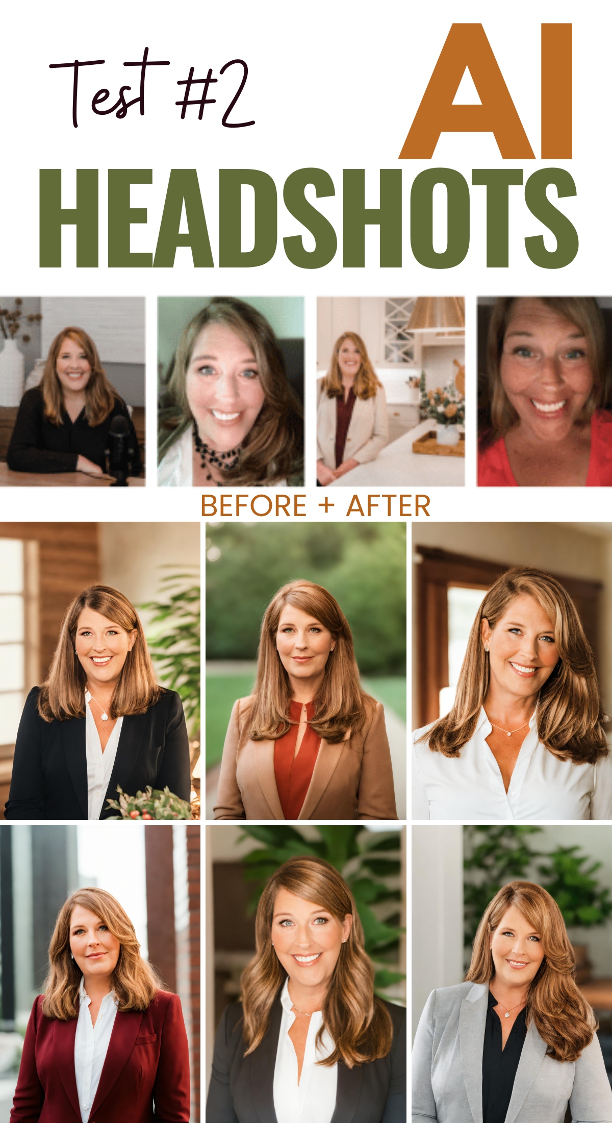 A series of images showing a transformation from casual photos to professional headshots using AI. The top row displays four original photos, while the bottom row shows the corresponding AI-generated professional headshots.