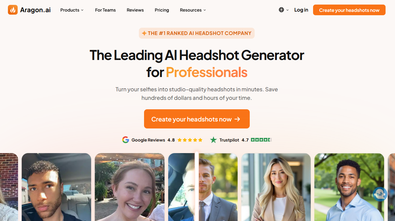 Screenshot of Aragon.ai homepage. The site offers AI-generated headshots for professionals. The main section highlights its rank, rating, and a call-to-action button. Sample headshots of various people are displayed at the bottom.