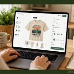 A person designs a t-shirt with a mountain graphic and the text Adventure Awaits on a laptop while considering the costs of print on demand. The workspace includes a plant, coffee mug, and a notebook labeled ideas, plans, action.