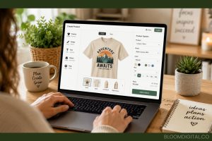 A person designs a t-shirt with a mountain graphic and the text Adventure Awaits on a laptop while considering the costs of print on demand. The workspace includes a plant, coffee mug, and a notebook labeled ideas, plans, action.
