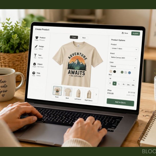 A person designs a t-shirt with a mountain graphic and the text Adventure Awaits on a laptop while considering the costs of print on demand. The workspace includes a plant, coffee mug, and a notebook labeled ideas, plans, action.