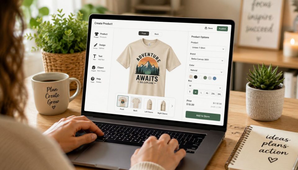 A person designs a t-shirt with a mountain graphic and the text Adventure Awaits on a laptop while considering the costs of print on demand. The workspace includes a plant, coffee mug, and a notebook labeled ideas, plans, action.